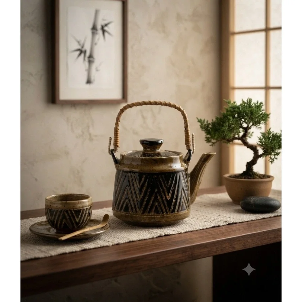 Vintage Japanese Ceramic Teapot Woven Bamboo Handle Brown Geometric MCM Japan